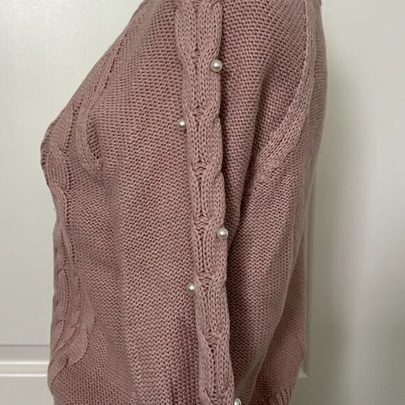 FRESHMAN Pink Cable Knit Pearl Beaded Long Sleeve Sweater Top Size Small - Picture 8 of 13